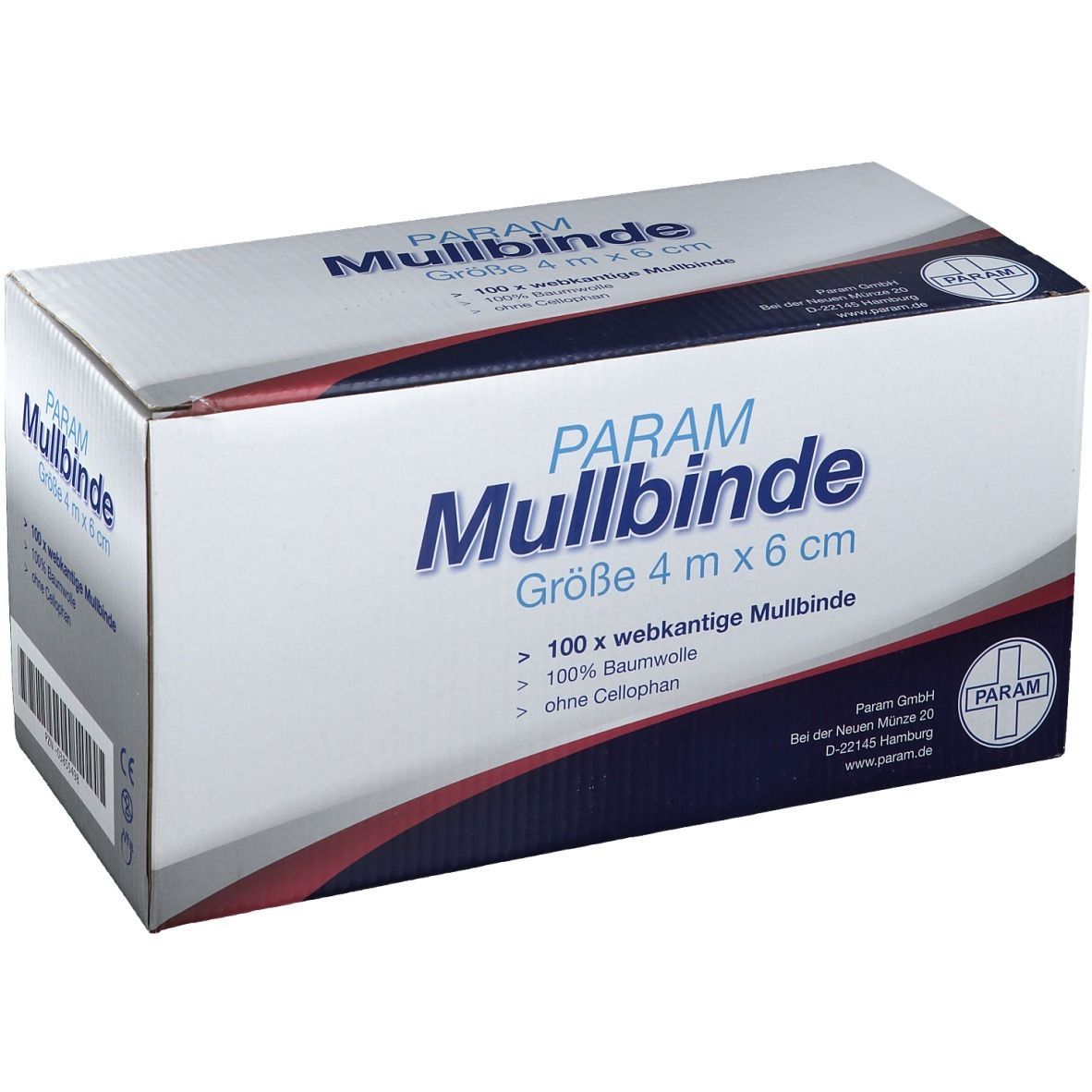 Karton PARAM Mullbinde, 4 m x 6 cm. Text: 100 x webk. Mullbinde, 100% Baumwolle, ohne Cellophan. Logo PARAM.