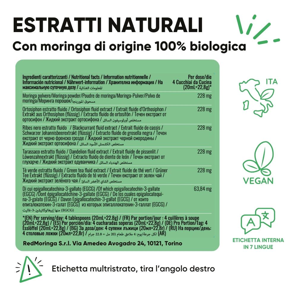 Nährwertangaben und Inhaltsstoffe. Text: 100% biologischen Ursprungs. Vegan. Mehrsprachiges Etikett.