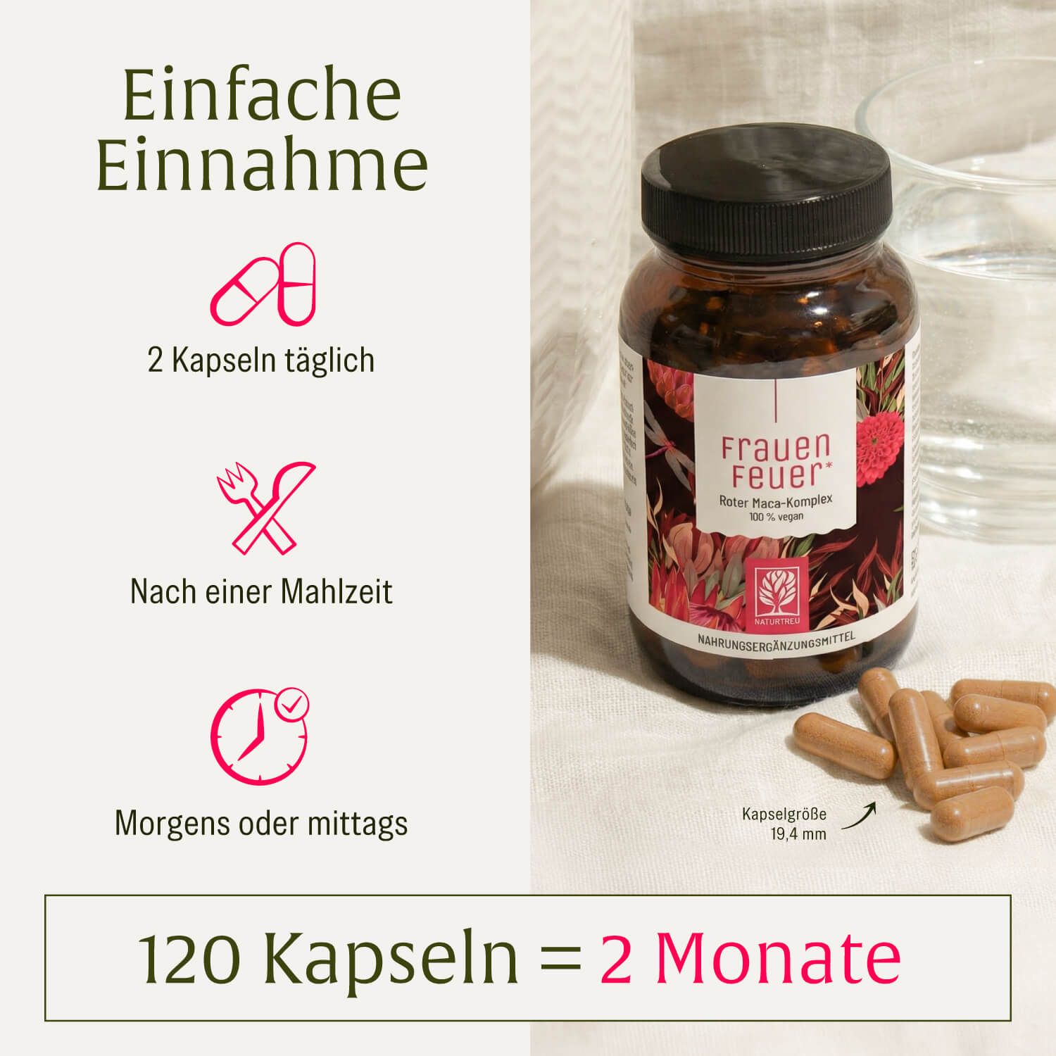 Anwendungshinweise für das Frauen Feuer Roter Maca-Komplex Nahrungsergänzungsmittel.