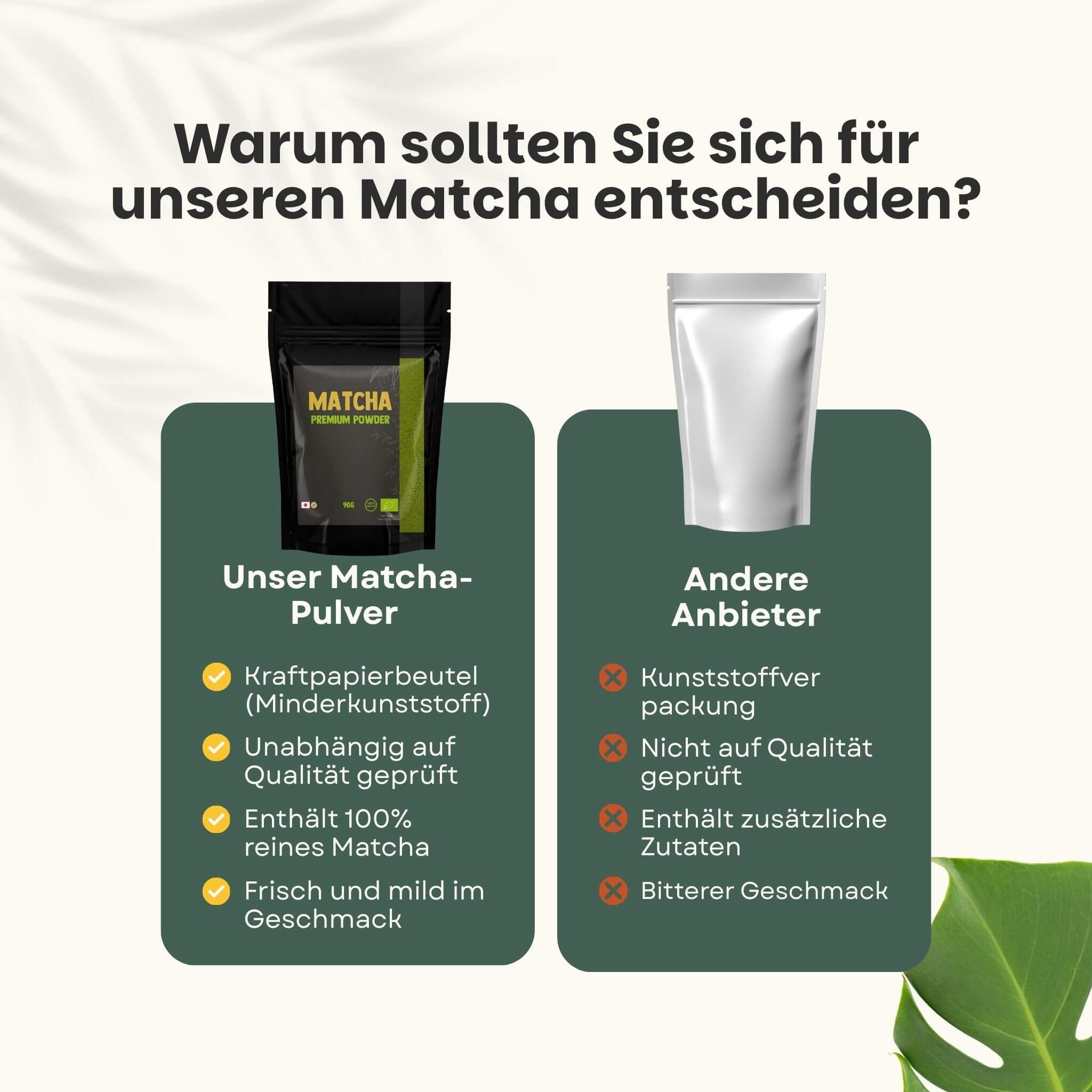 Vergleich: Unser Matcha-Pulver vs. andere Anbieter. Unser: Kraftpapierbeutel, 100% reines Matcha. Andere: Plastikverpackung.