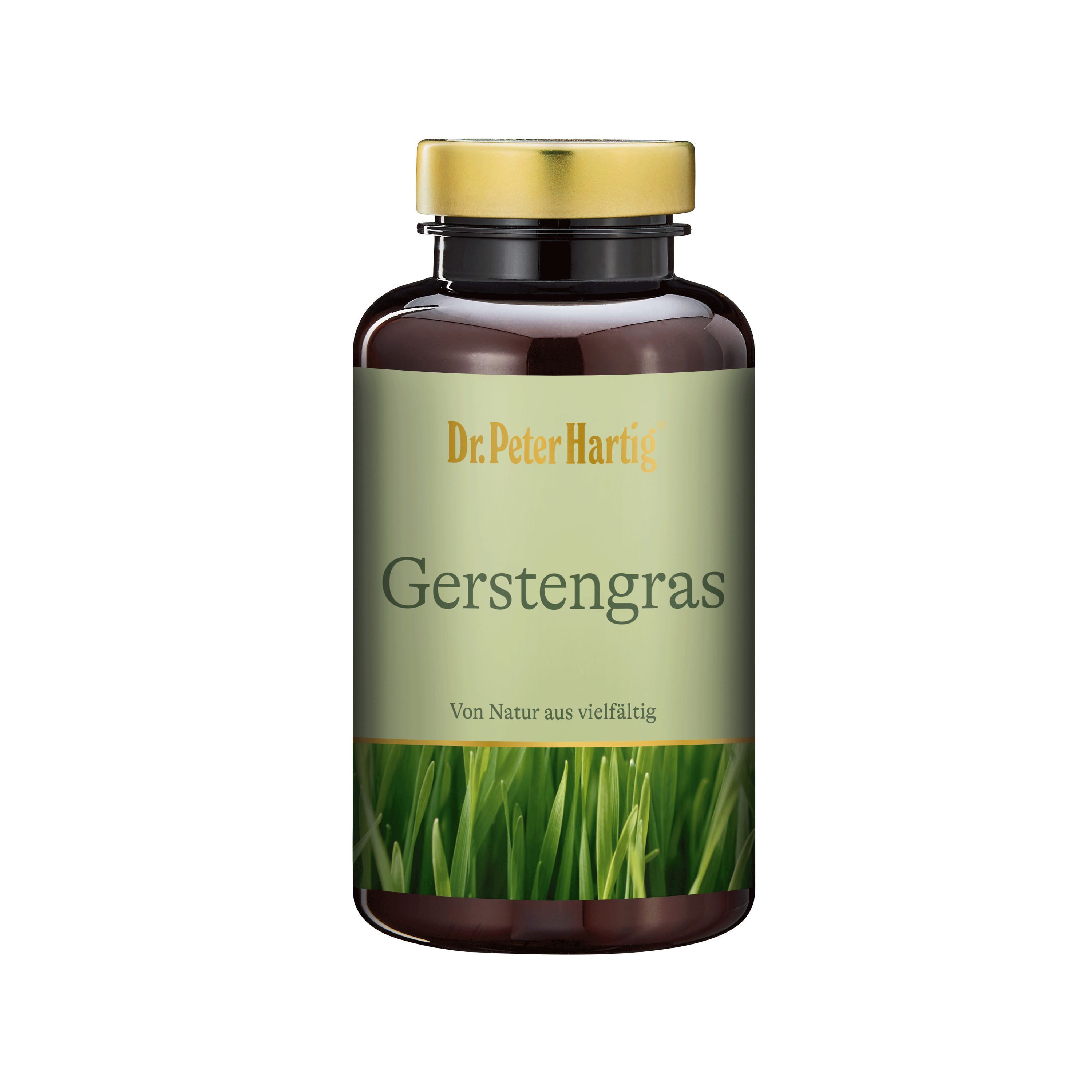 Braune Flasche mit goldfarbenem Deckel. Aufschrift: Gerstengras. Darunter: Von Natur aus vielfältig. Bild von Gerstengras.