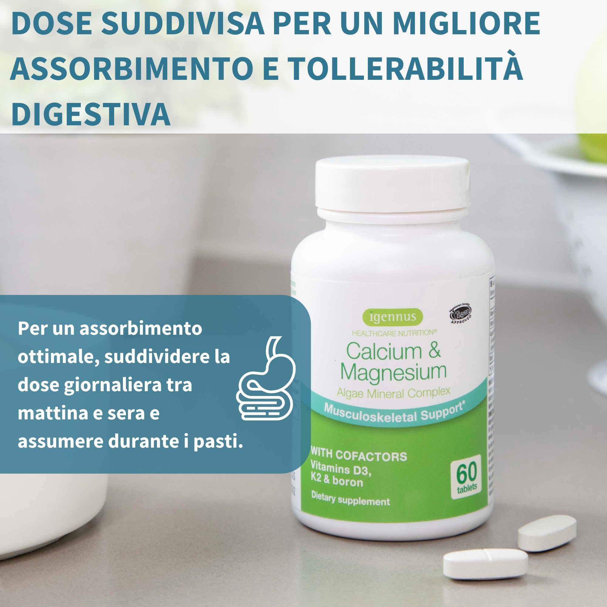 Igennus Calcium & Magnesium Flasche und zwei Tabletten auf einer Küchentheke, mit Verdauungssymbol.