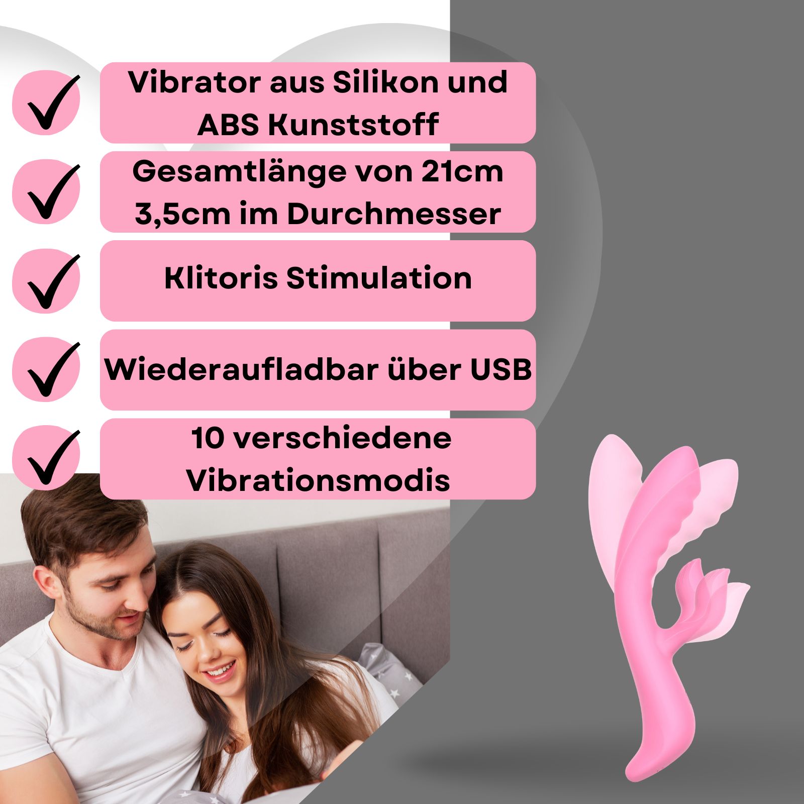 Rosa Vibrator mit Hasenohren. Länge 21cm, Durchmesser 3,5cm. Aus Silikon und ABS. Paar im Hintergrund.