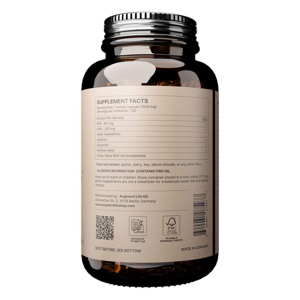 Braune Glasflasche mit silbernem Deckel, Etikett mit Nährwertangaben und QR-Code. Enthält 120 Kapseln.