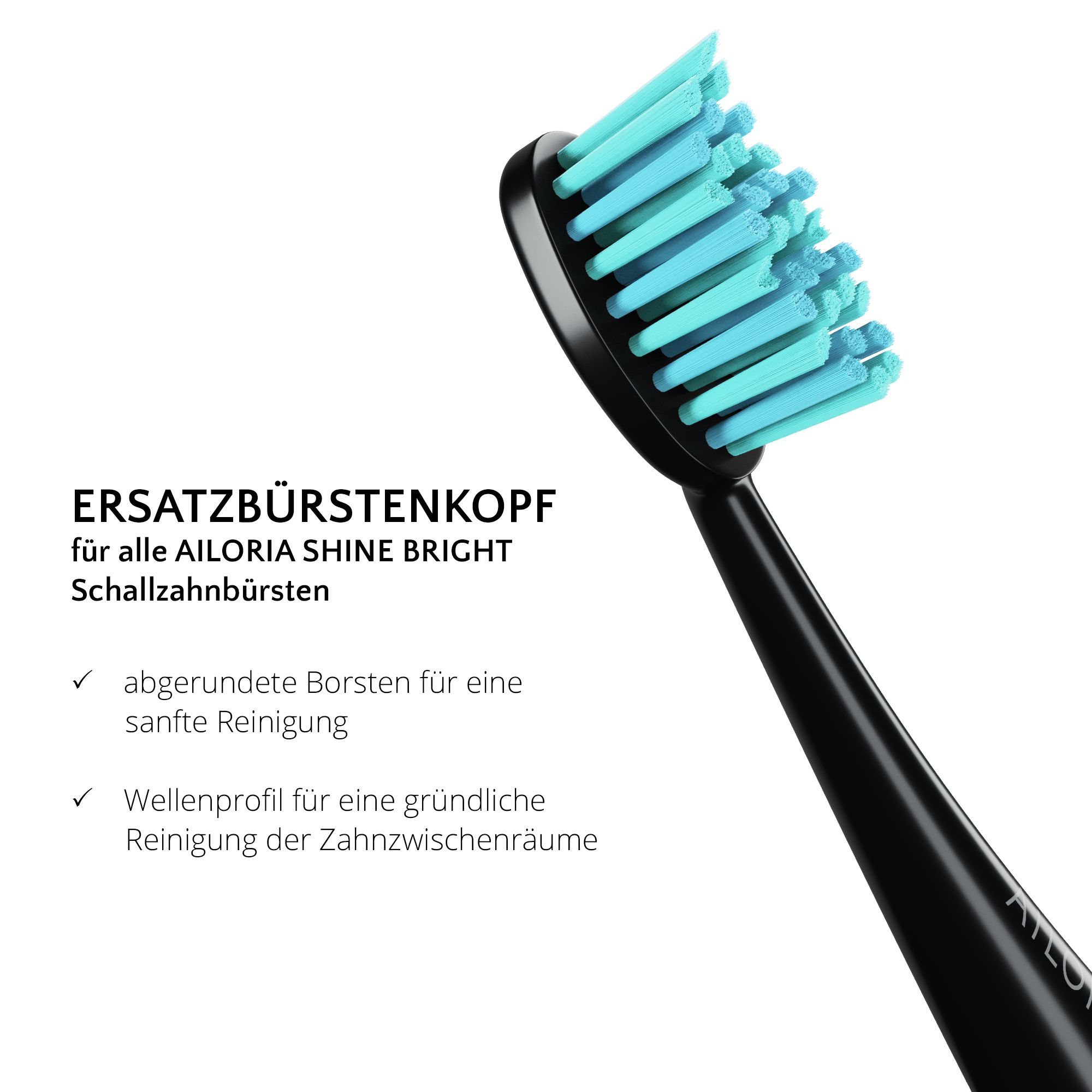 Nahaufnahme eines Zahnbürstenkopfes. Schwarzer Griff, blaue Borsten. AILORIA-Logo. Text: Ersatzbürstenkopf.