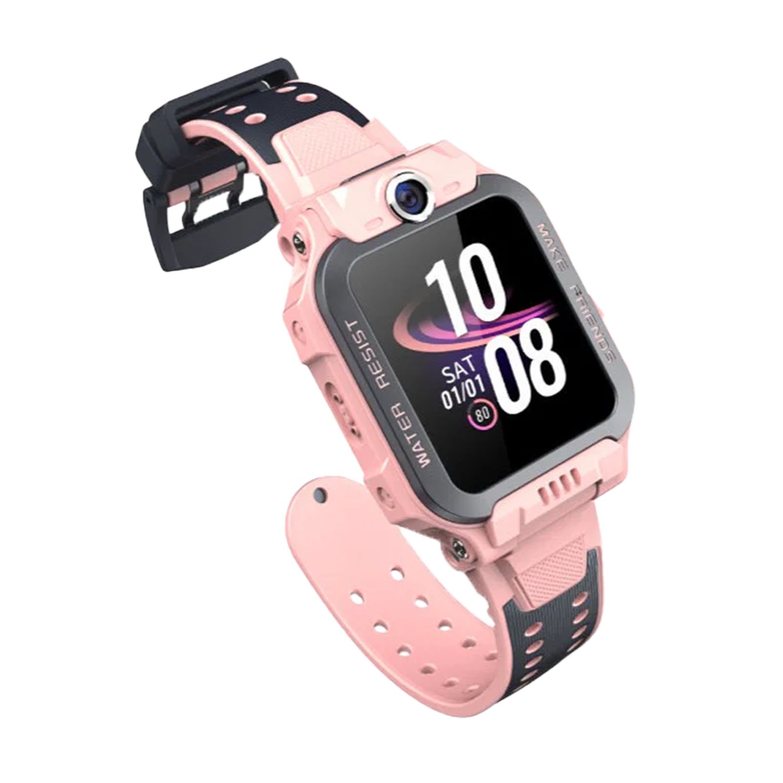 Rosa Smartwatch mit schwarzem Armband. Rechteckiges Display mit Uhrzeit. Kamera oben. Wasserdicht.