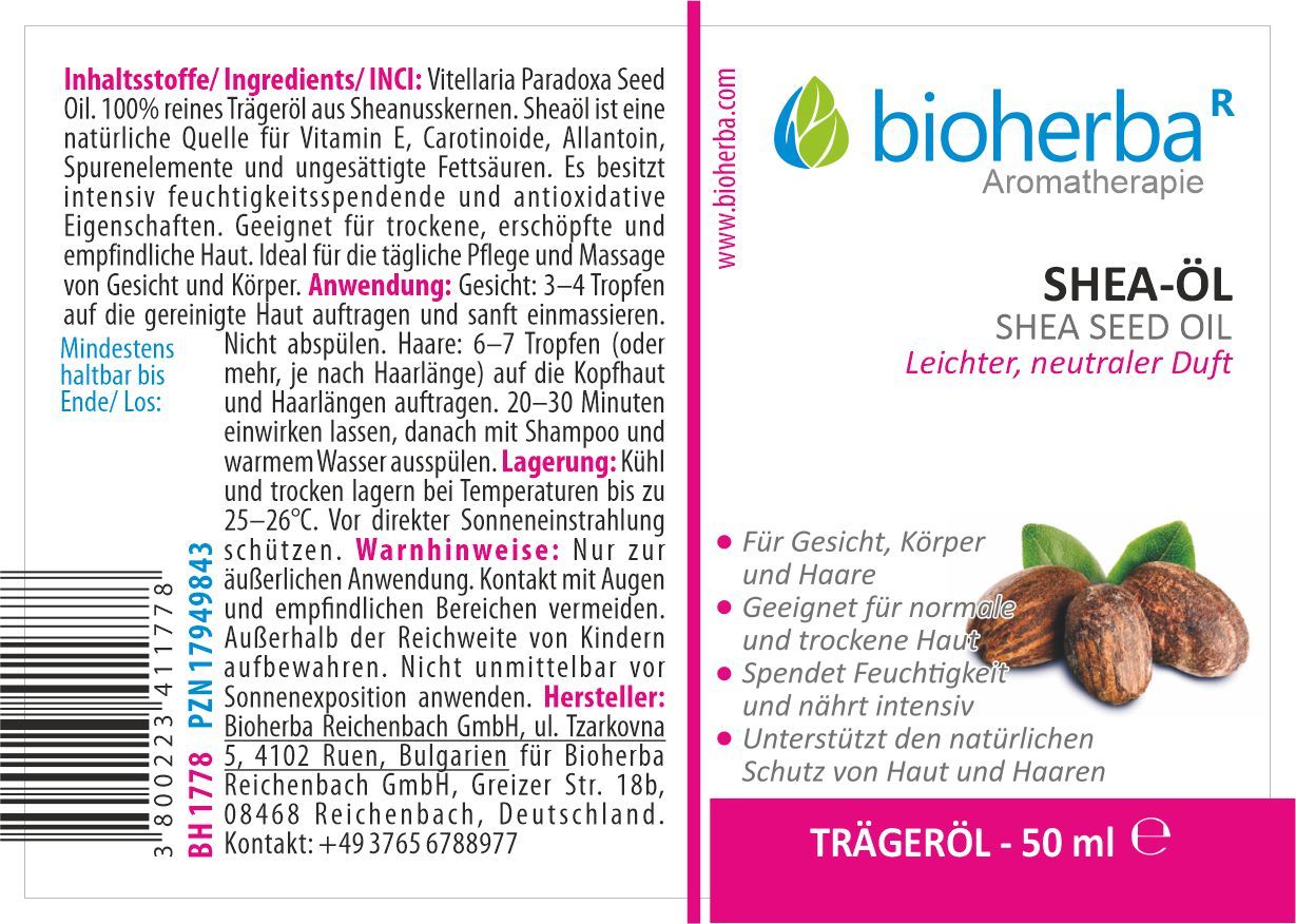 Etikett mit Produktname, Logo und Illustration von Sheanüssen. Text in Deutsch. Enthält Informationen zu Inhaltsstoffen und Anwendung.