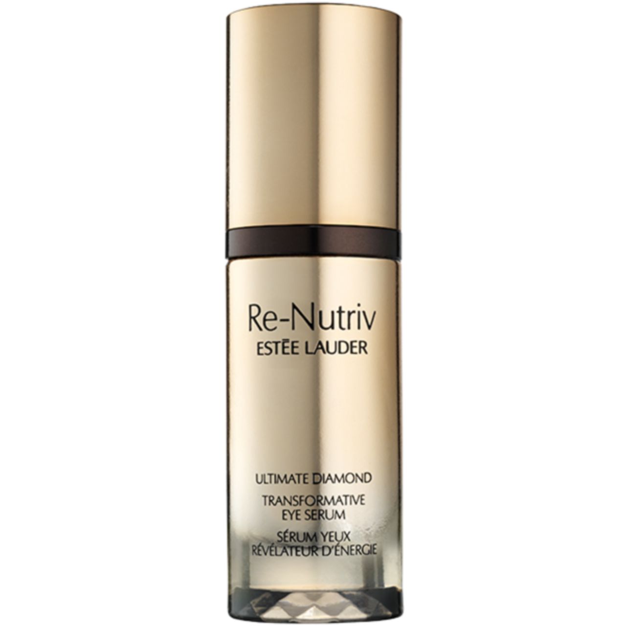 Goldfarbene Flasche mit Deckel. Schriftzug: Re-Nutriv, Estée Lauder. Produktbezeichnung: Ultimate Diamond Transformative Eye Serum.