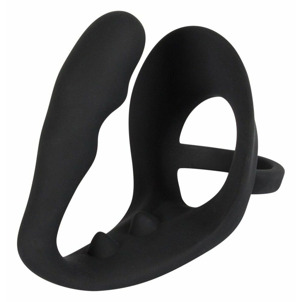Schwarzer Penis-/Hodenring mit Analplug. Aus Silikon. Mit zwei Erhebungen und einem Ring.