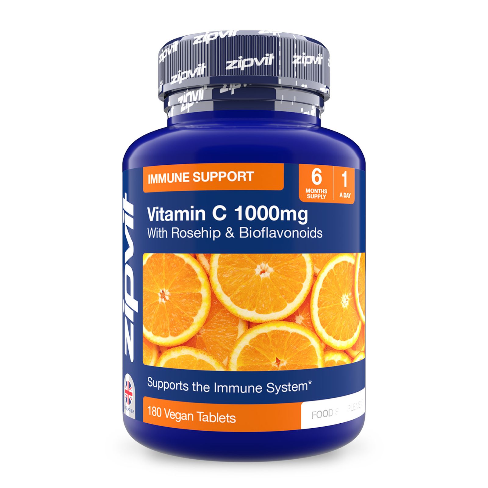 Blaue Flasche Zipvit Vitamin C 1000mg mit Hagebutte & Bioflavonoiden. Enthält 180 vegane Tabletten. Aufschrift: Immune Support.