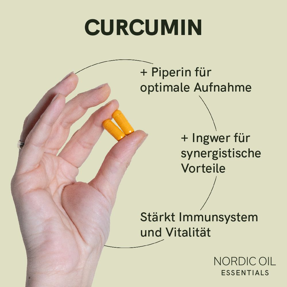 Hand hält zwei gelbe Kapseln. Text: Curcumin, + Piperin, + Ingwer, stärkt Immunsystem und Vitalität. Nordic Oil Essentials Logo.