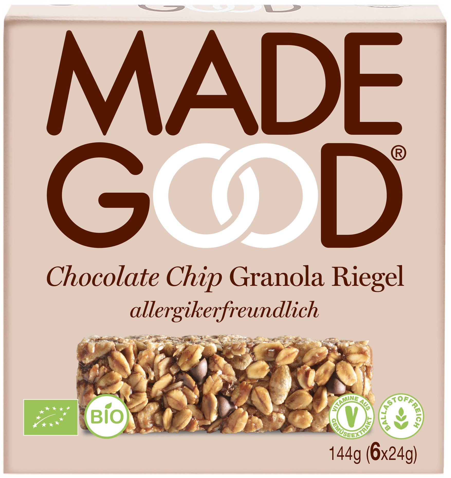 Verpackung mit Made Good Chocolate Chip Granola Riegel. Aufschrift: allergikerfreundlich, Bio-Siegel, 144g (6x24g).