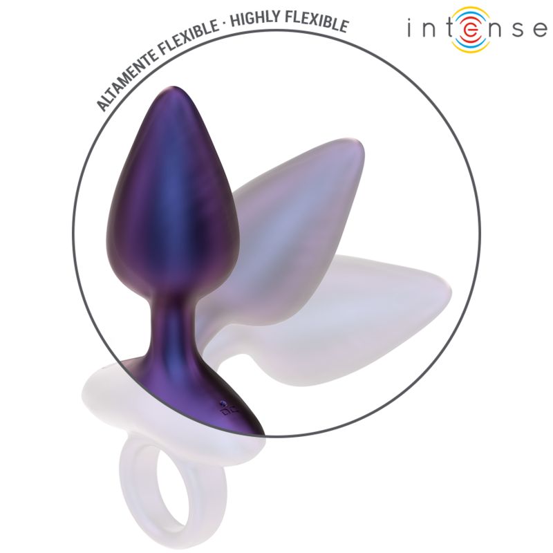 Lila Anal Plug mit weißem Schaft und Ring. Flexibel dargestellt. Text: Highly Flexible. Marke: Intense.