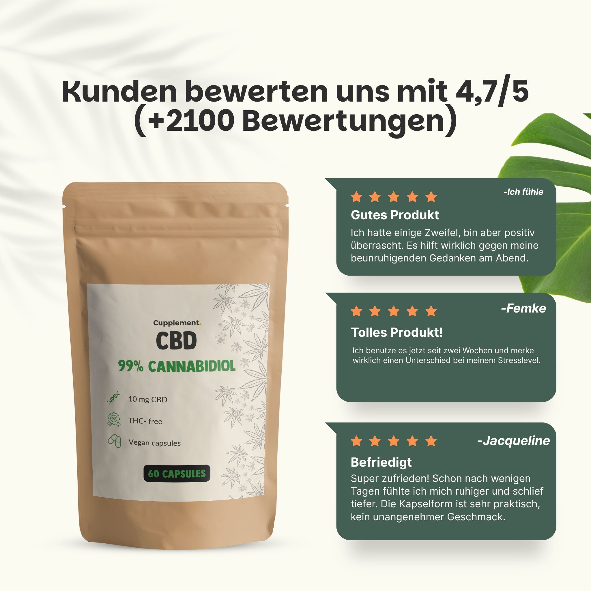 Beutel mit CBD-Kapseln. Aufschrift: CBD, 99% Cannabidiol, 10 mg CBD, THC-frei, vegane Kapseln. Kundenbewertungen mit 4,7/5 Sternen.