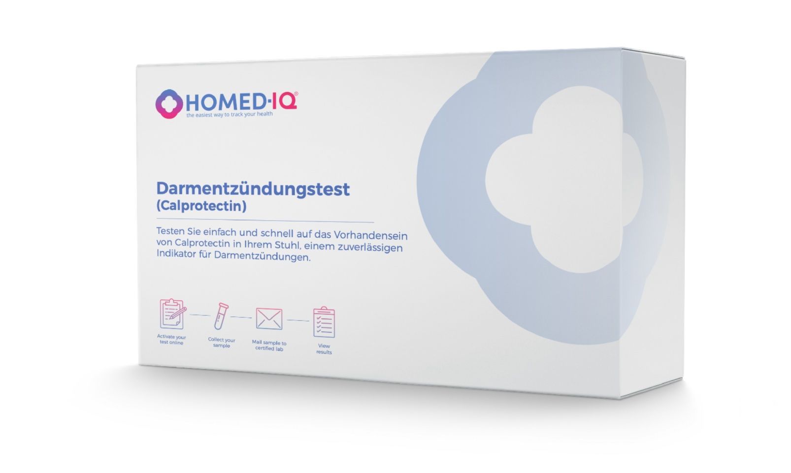 Homed-IQ Darmentzündungstest (Calprotectin) Box. Weiß mit blauem Design. Logo und Produktname deutlich sichtbar.