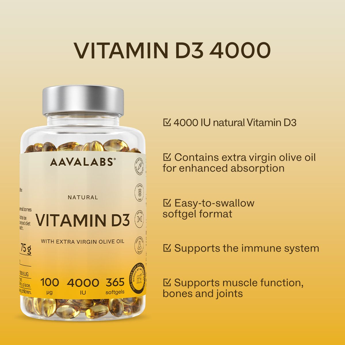 Vitamin D3-Flasche mit Text: AAVALABS, Vitamin D3, 4000 IE. Vorteile: Immunsystem, Muskeln, Knochen, Gelenke.