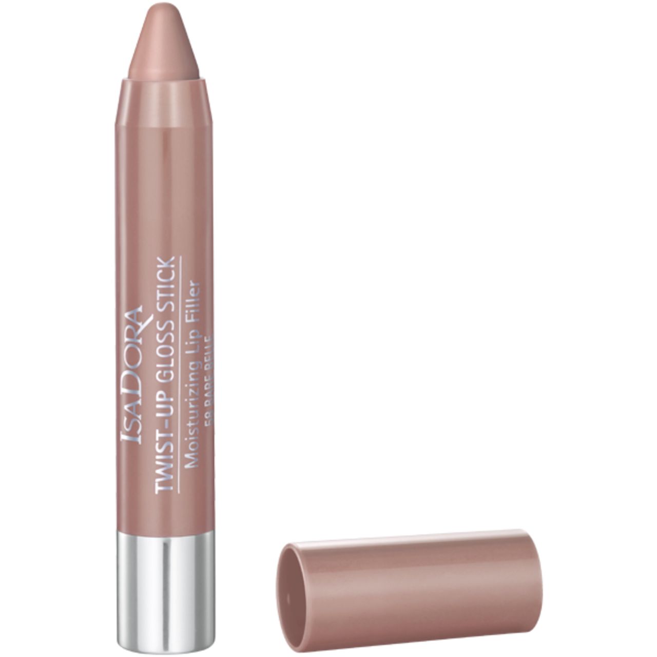 Lippenstift in Stiftform mit abgenommener Kappe. Beige-braune Farbe. Silberfarbener Boden. Aufschrift: IsaDora Twist-Up Gloss Stick.