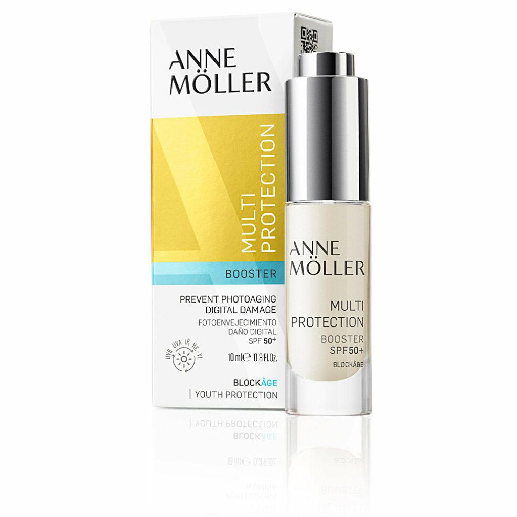 Serumflasche mit silbernem Verschluss und Verpackung. Aufschrift: Anne Möller Multi Protection Booster SPF 50+.