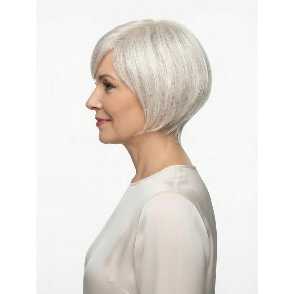 Kurzhaarperücke in Silber. Seitenansicht einer Frau mit Perücke. Gerader Pony, seitlich geschnittenes Haar.