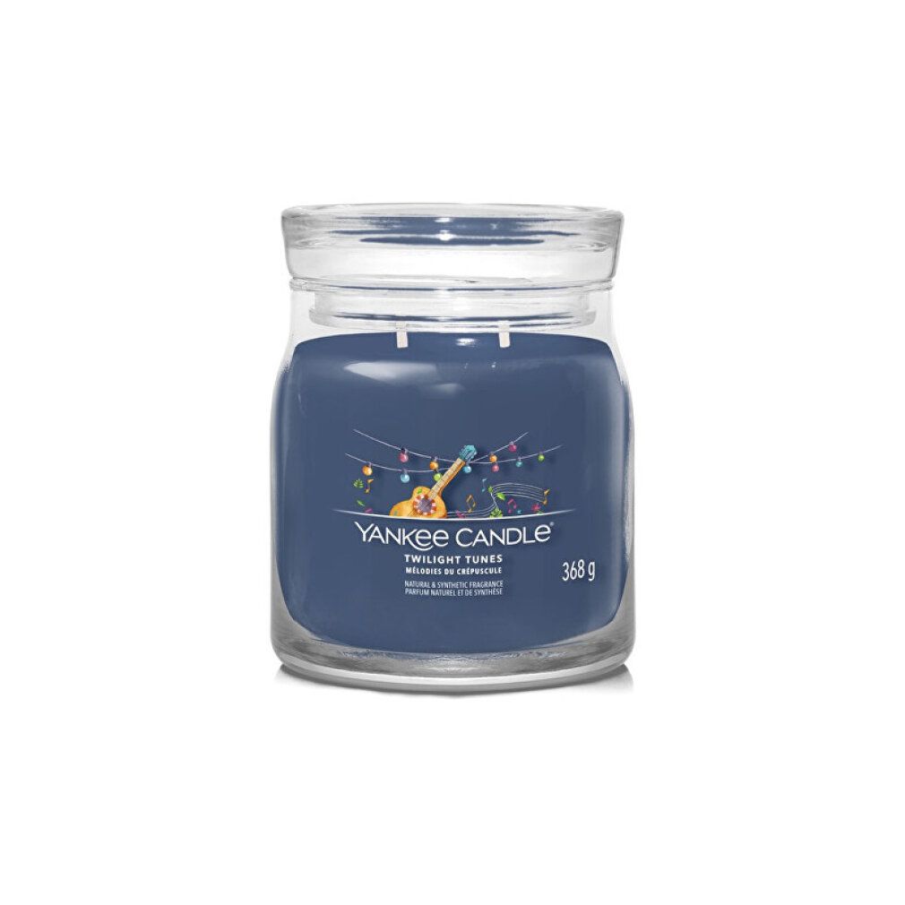 Glas-Duftkerze, blau, mit Deckel. Aufschrift: Yankee Candle Twilight Tunes. Gewicht: 368 g.