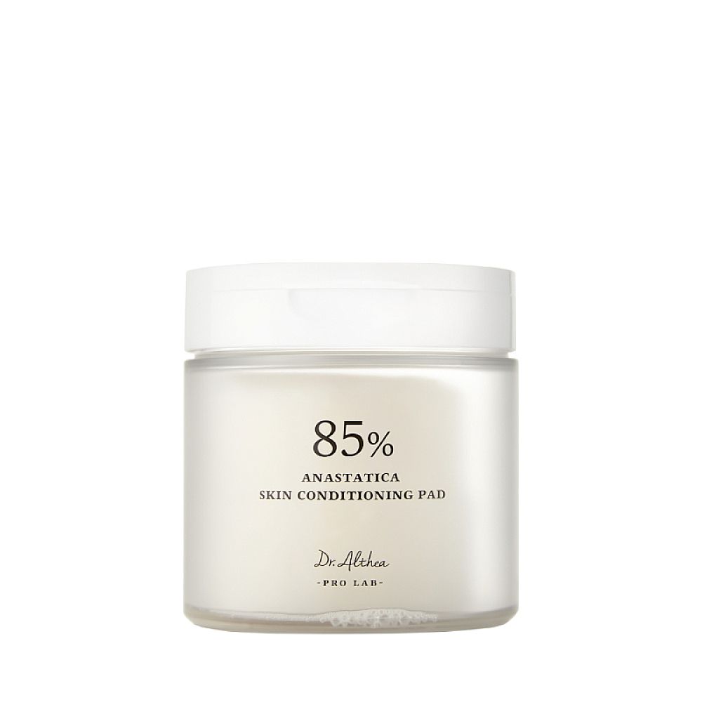 Weißes, rundes Produktglas mit Deckel. Aufschrift: 85% Anastatica Skin Conditioning Pad. Marke: Dr. Althea.