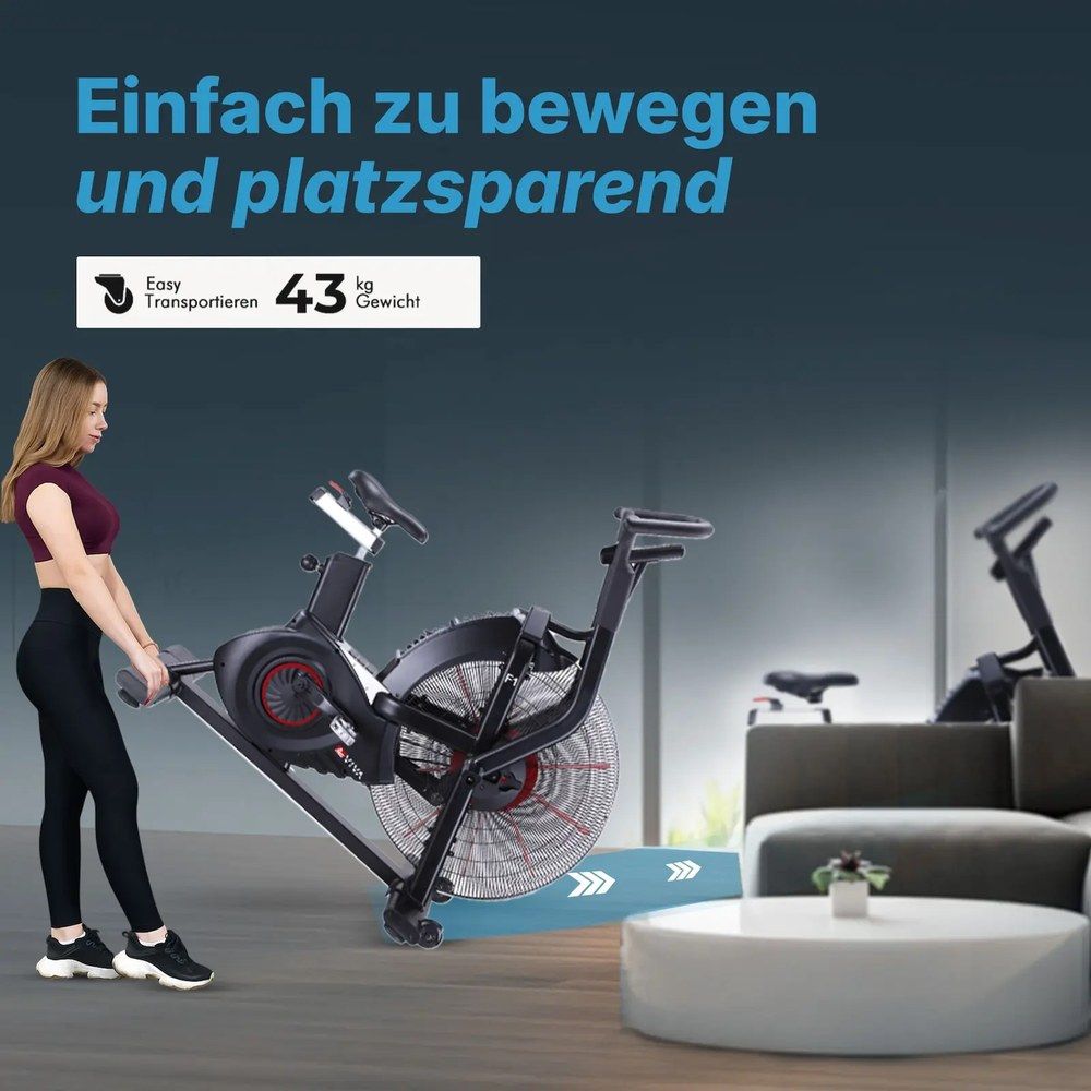 Frau bewegt AsVIVA Air Bike F1 Heimtrainer (43 kg) dank Transportrollen.