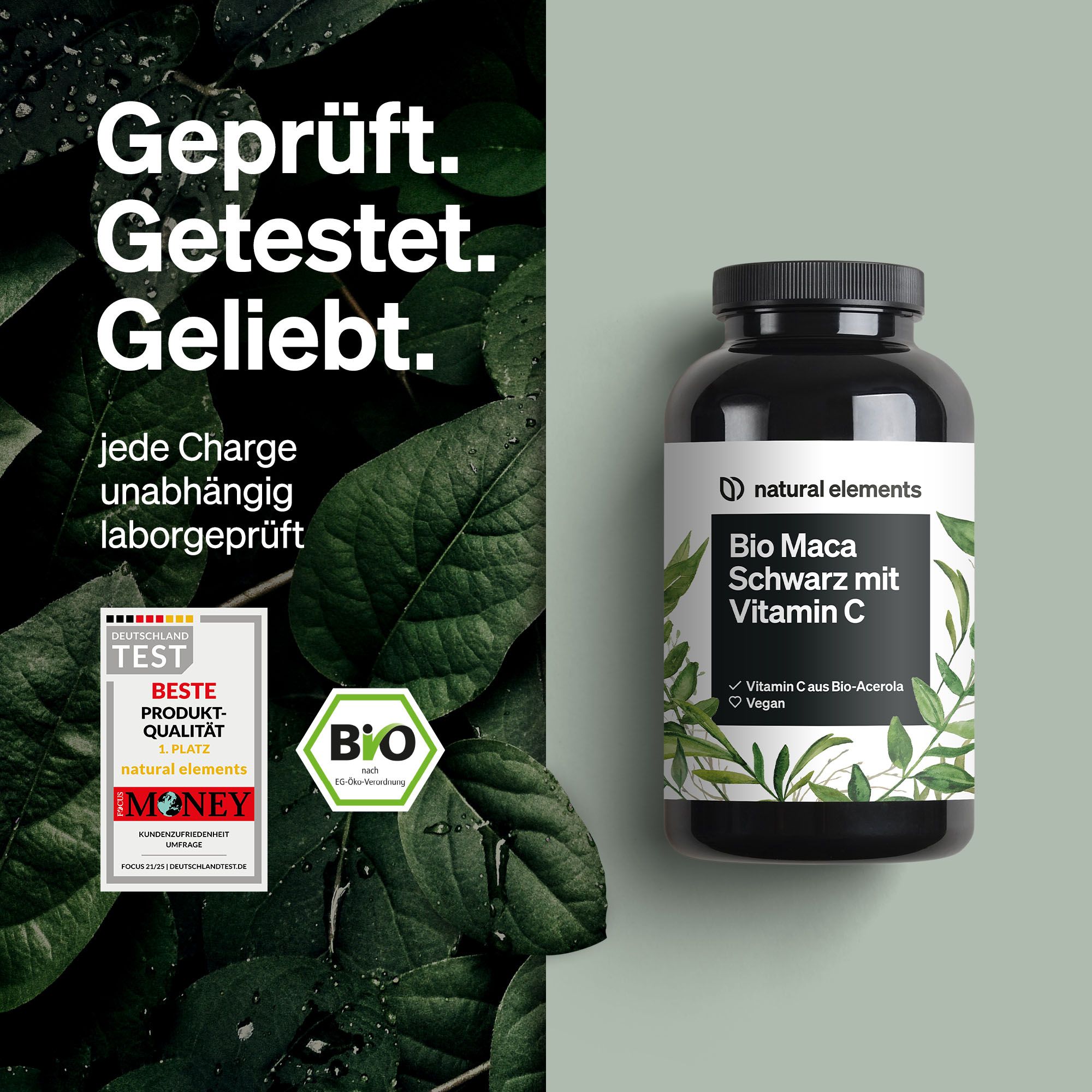 Schwarze Flasche mit weißem Etikett. Aufschrift: Bio Maca Schwarz mit Vitamin C. Vegan. Bio-Zertifizierung. Qualitätszeichen.