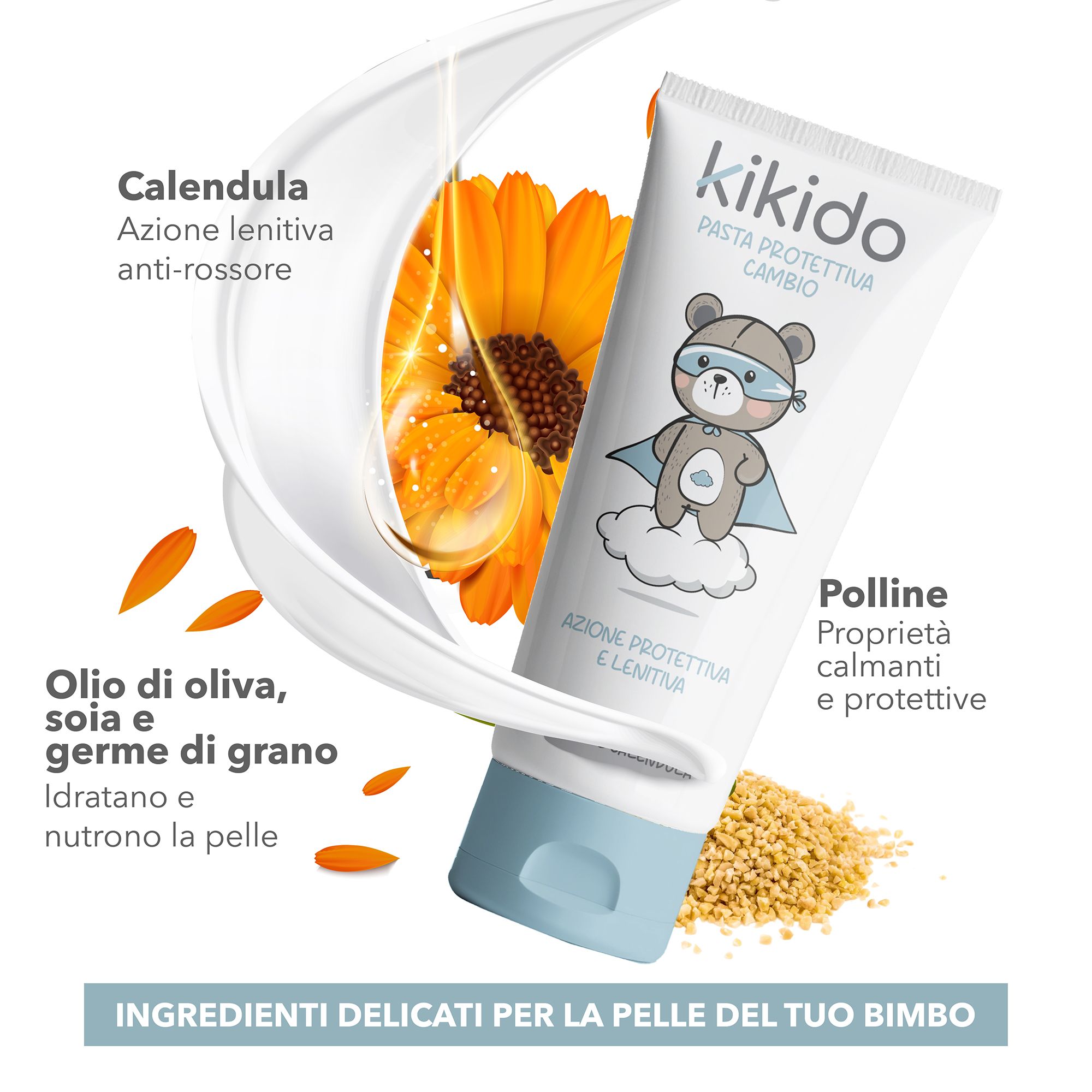 Produkt-Tube mit Inhaltsstoffen wie Calendula und Pollen. Illustrationen von Blüten und Ölen. Text: Inhaltsstoffe für zarte Haut.