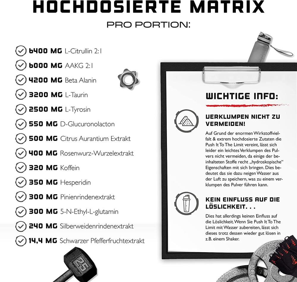 Liste der Inhaltsstoffe von GEN Push It to the Limit. Enthält Citrullin, AAKG, Beta Alanin, Taurin, Tyrosin, Koffein und weitere.