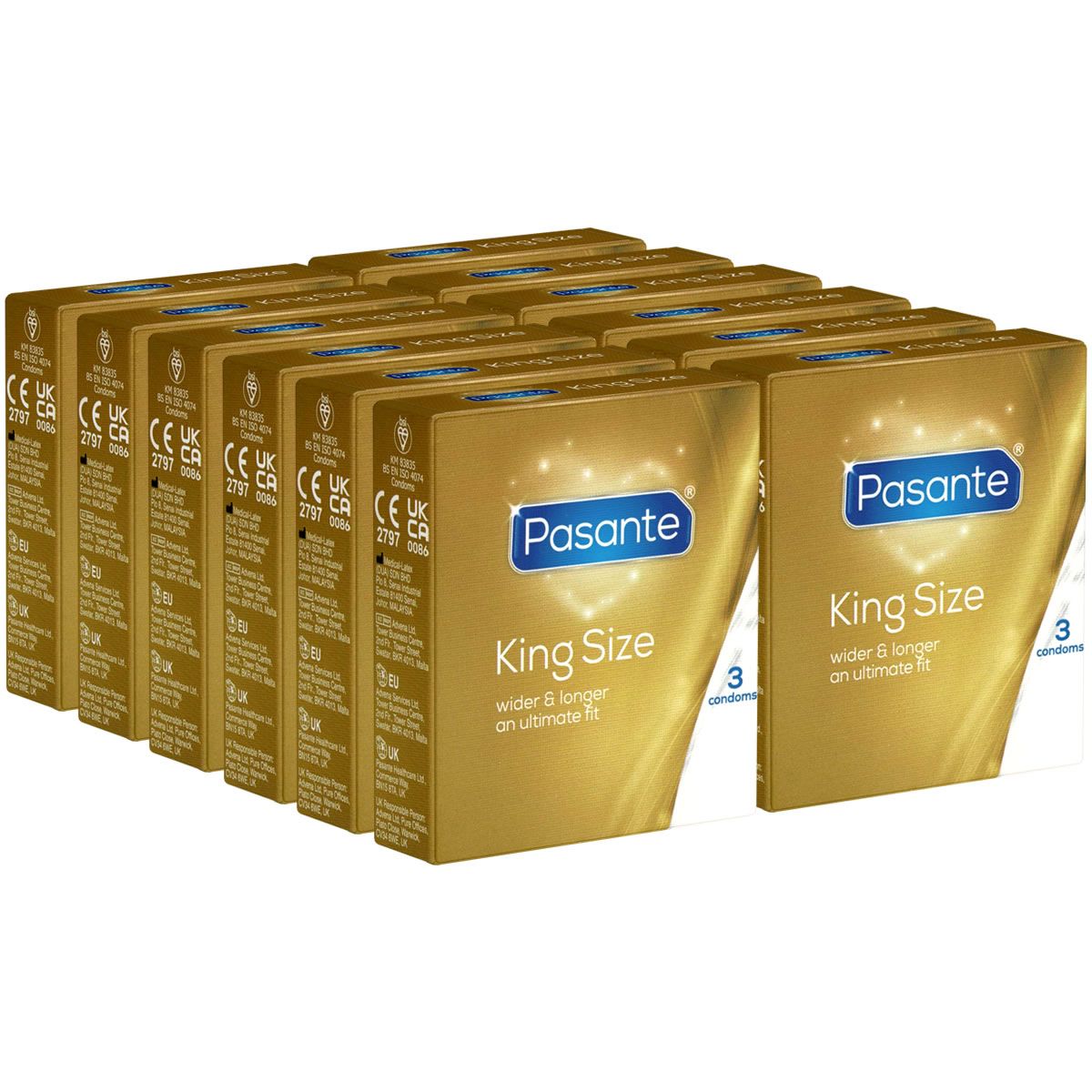 Mehrere goldfarbene Schachteln mit der Aufschrift "Pasante King Size". Jede Schachtel enthält 3 Kondome. CE-Kennzeichnung.