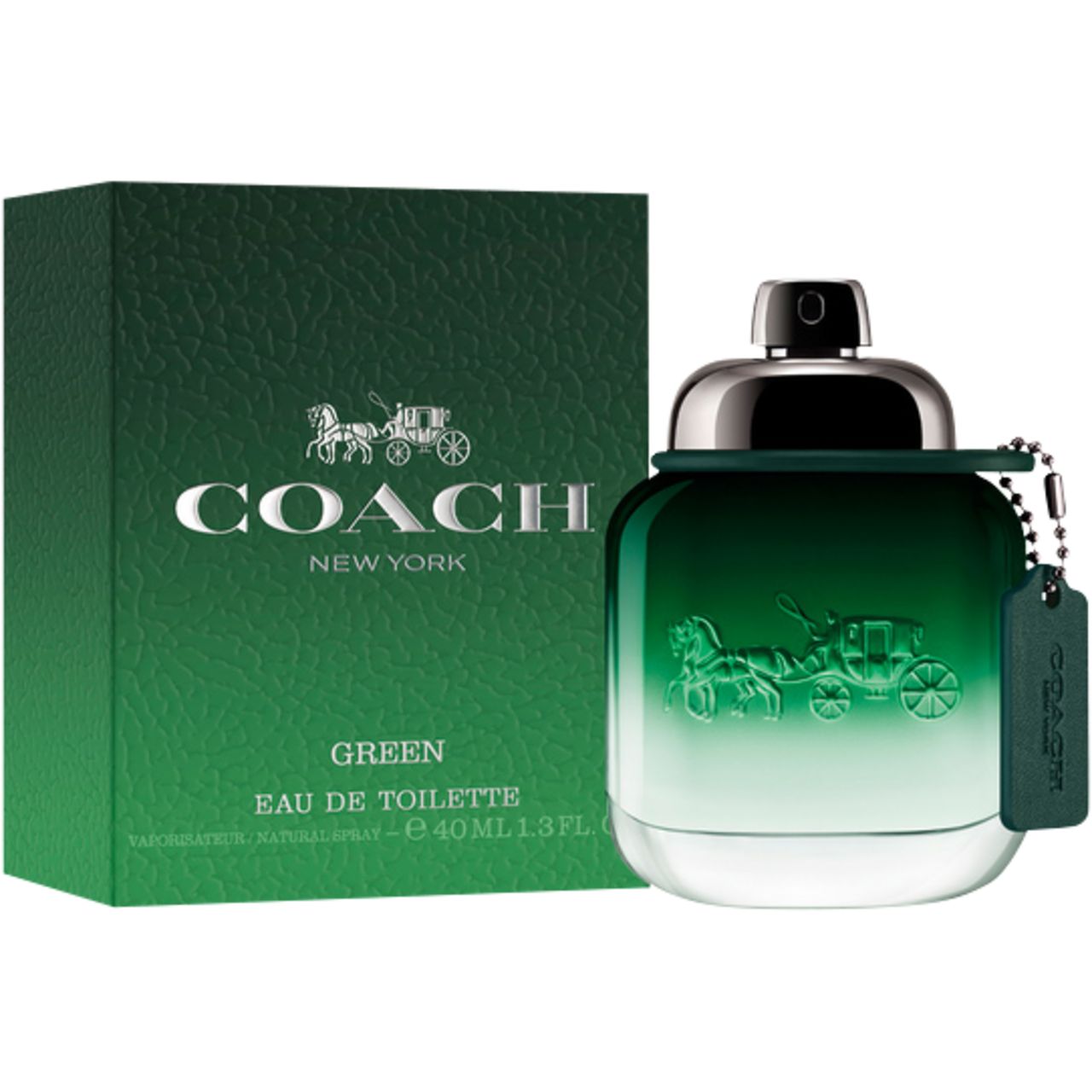 Grünes Coach Eau de Toilette mit Verpackung. Flakon mit silbernem Deckel und Anhänger. Aufschrift: Coach New York Green.