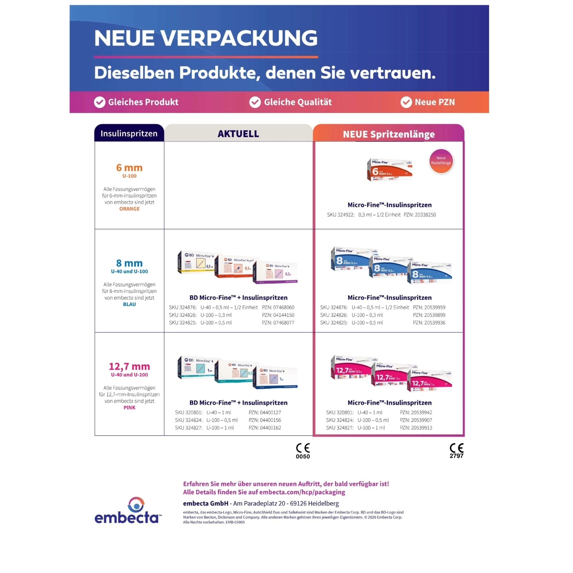 embecta Micro-Fine+ U100 Insulinspritzen 0,5 ml 29G, 0,33 x 12,7 mm