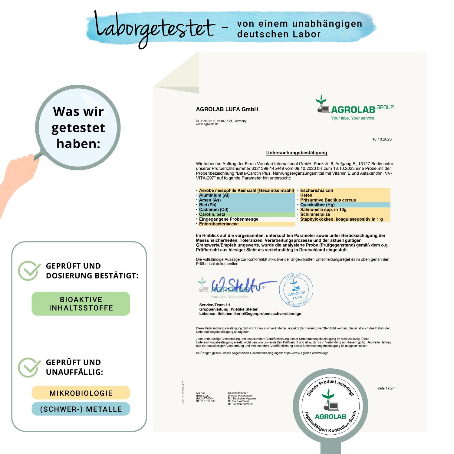 Zertifikat: Bioaktive Inhaltsstoffe, Mikrobiologie, Schwermetalle. Text: Geprüft und bestätigt, Laborgetestet.