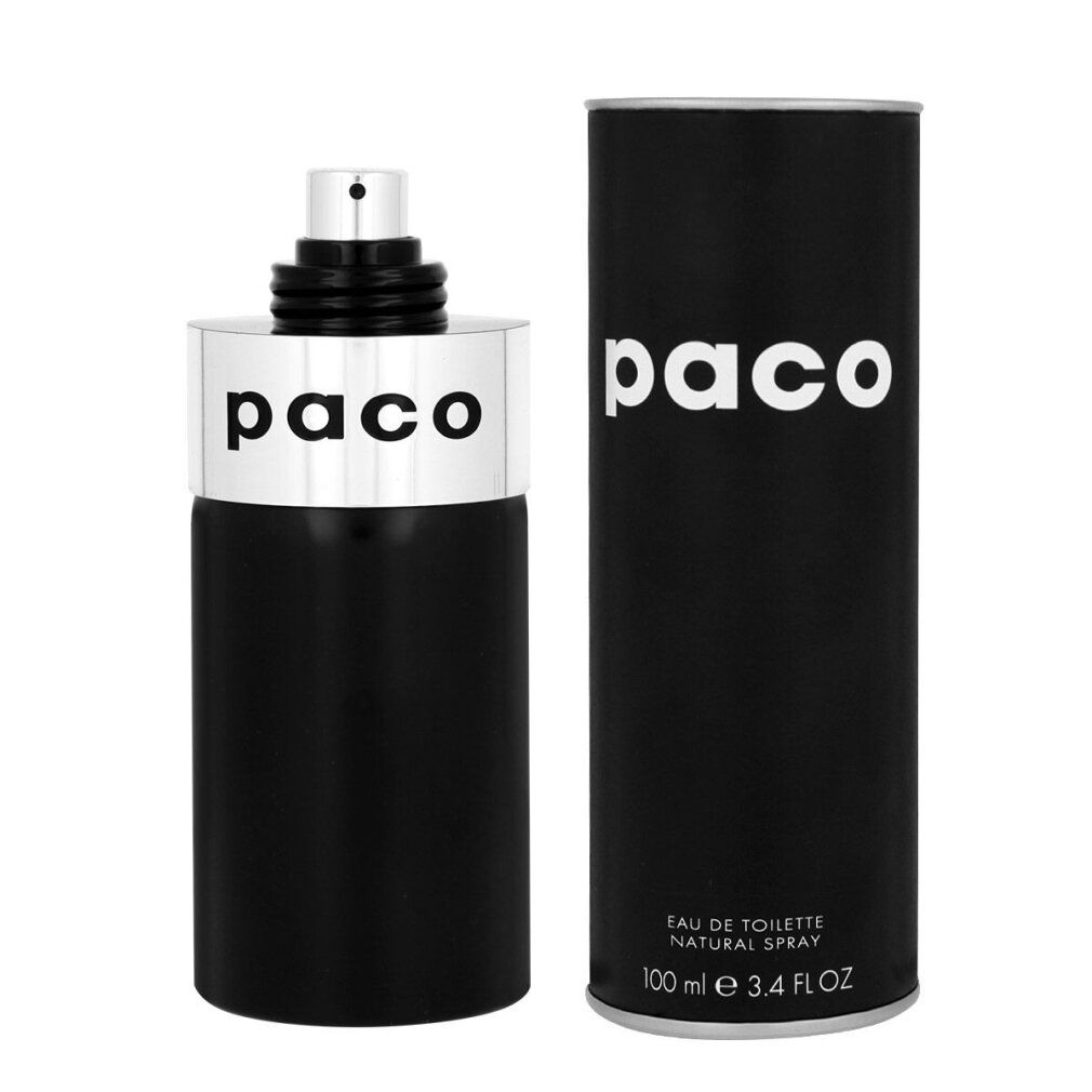 Schwarze Flasche mit silbernem Deckel und Sprühkopf, neben schwarzer zylindrischer Verpackung mit "paco"-Schriftzug.