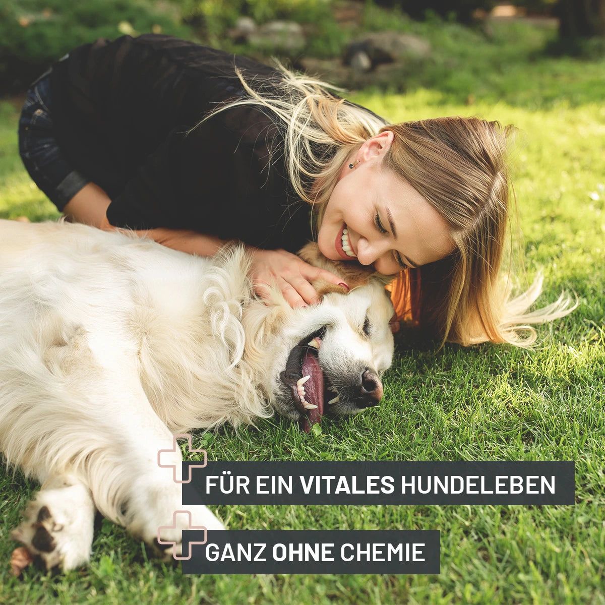 Frau und Hund auf Wiese, Text "Für ein vitales Hundeleben", "Ganz ohne Chemie".