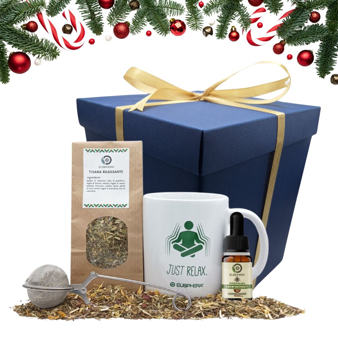 Box Regalo Natale Relax con Olio CBD 10%, Tazza, Tisana e Infusore - Rilassamento e Sonno - Eusphera