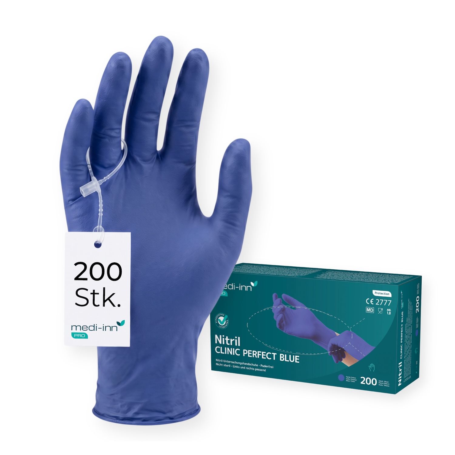 200 Stück blaue Nitril-Einmalhandschuhe der Marke Medi-Inn, Modell Clinic Perfect Blue.