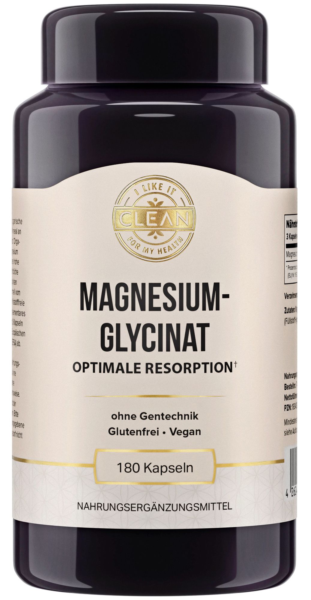 Braune Flasche mit Kapseln. Aufschrift: Magnesiumglycinat, 180 Kapseln, vegan, glutenfrei, ohne Gentechnik. Nahrungsergänzungsmittel.