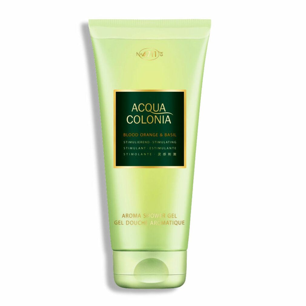 Grünes Aroma-Duschgel mit schwarzem Etikett. Aufschrift: Acqua Colonia Blood Orange & Basil. Tube.