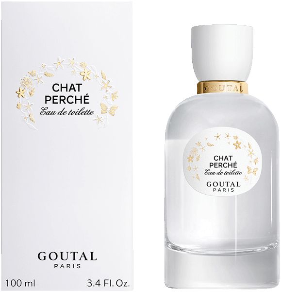 Goutal Chat Perche Eau de Toilette Flakon und Verpackung. Weißes Flakon mit weißem Deckel und goldener Verzierung. Verpackung mit floralem Design.