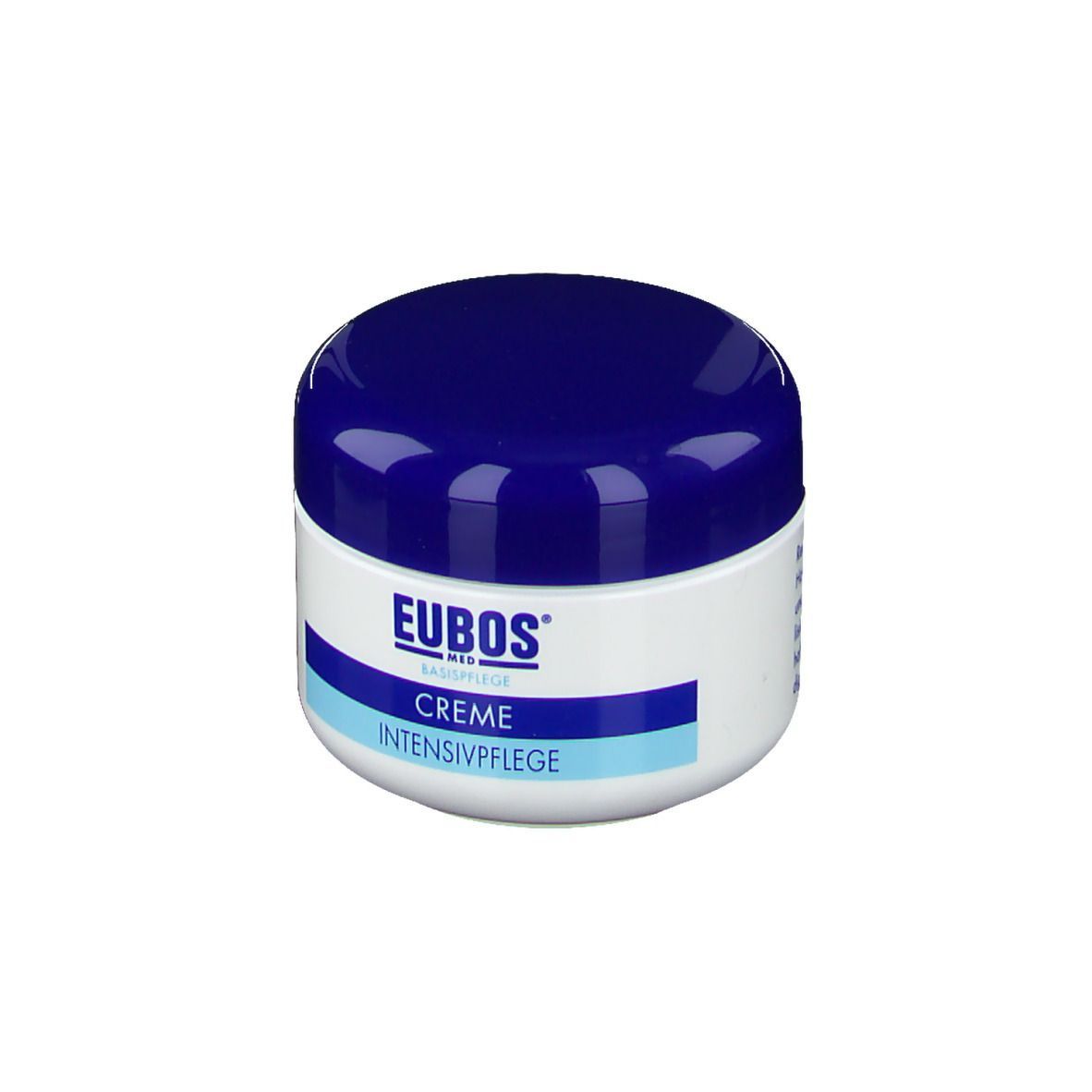 Creme-Dose mit blauem Deckel. Aufschrift: EUBOS CREME INTENSIVPFLEGE. Logo und Produktbezeichnung auf dem Behälter.