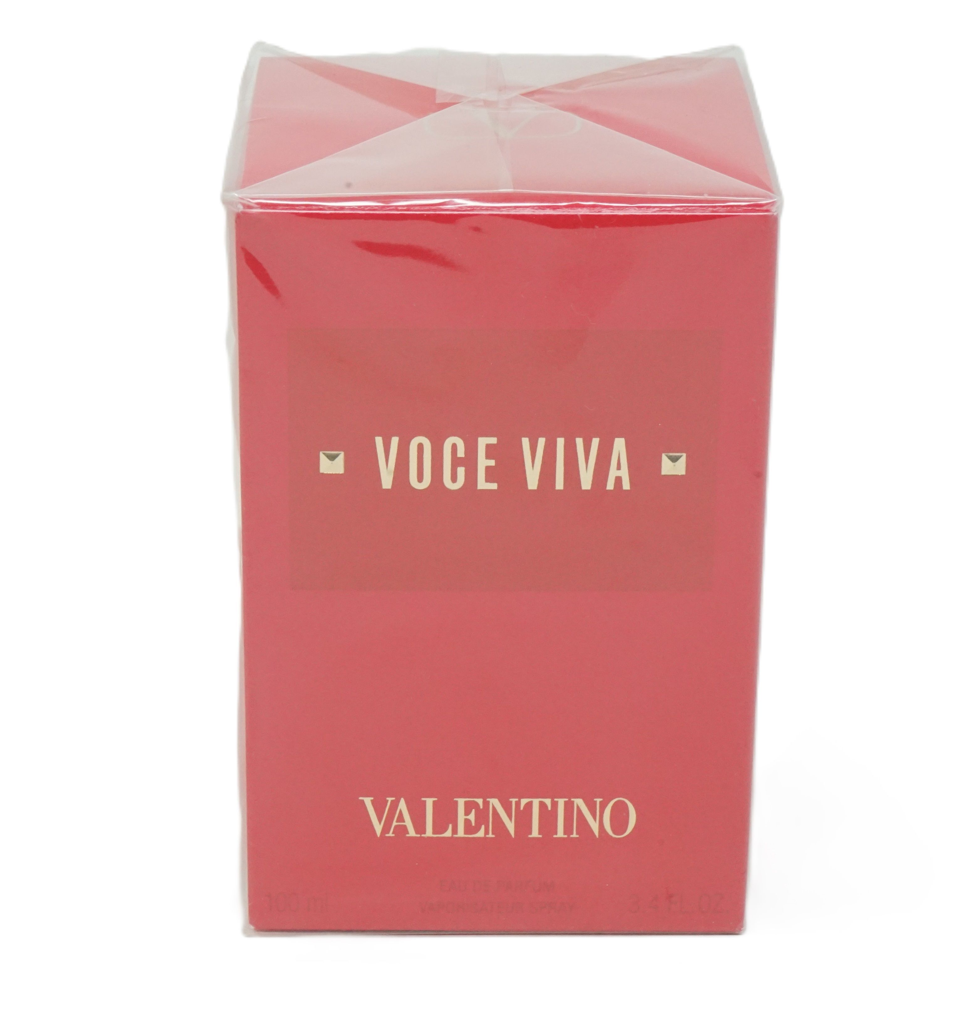 Rote Verpackung mit "VOICE VIVA" und "VALENTINO" Schriftzug. Klare Folie umhüllt die Box.