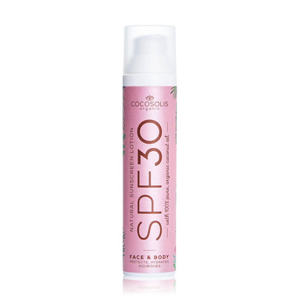 Sonnenmilch-Flasche mit SPF 30. Rosa Etikett, weißer Deckel. Text: SPF 30, Face & Body, mit 100% reinem Bio-Kokosöl. Marke: COCOSOLIS organic.