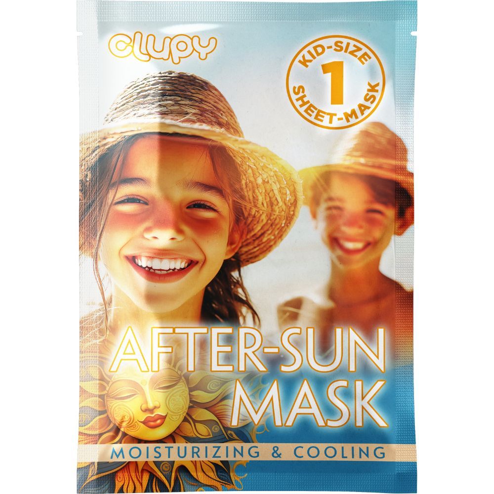 Beutel mit After-Sun Maske für Kinder. Aufdruck: Clupy, After-Sun Mask, 1 Sheet-Mask. Abbildung: lächelnde Kinder mit Sonnenhut.