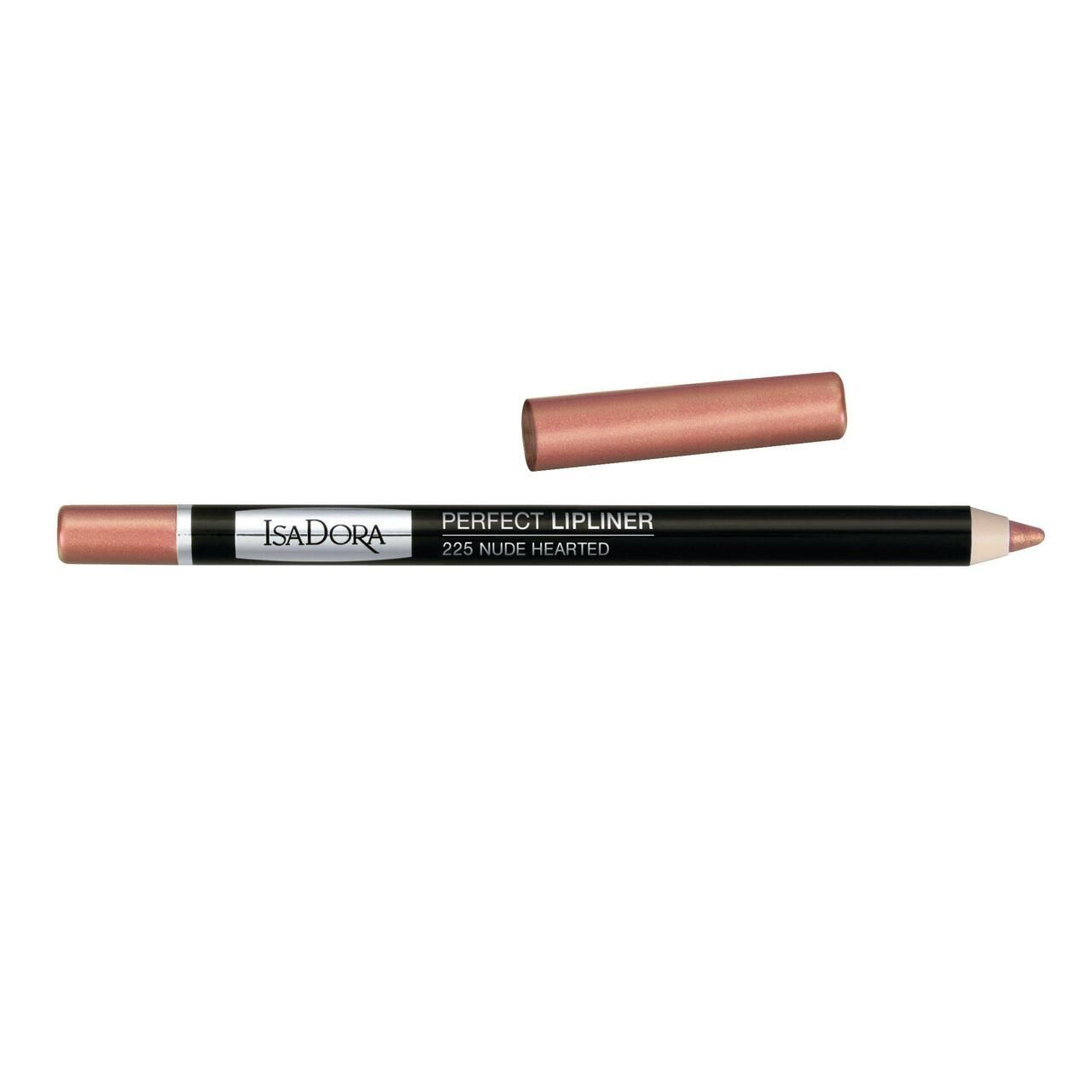 IsaDora Perfect Lipliner, Farbe Nude Hearted. Schwarzer Stift mit rosafarbenem Ende und Kappe. Schriftzug: Perfect Lipliner.