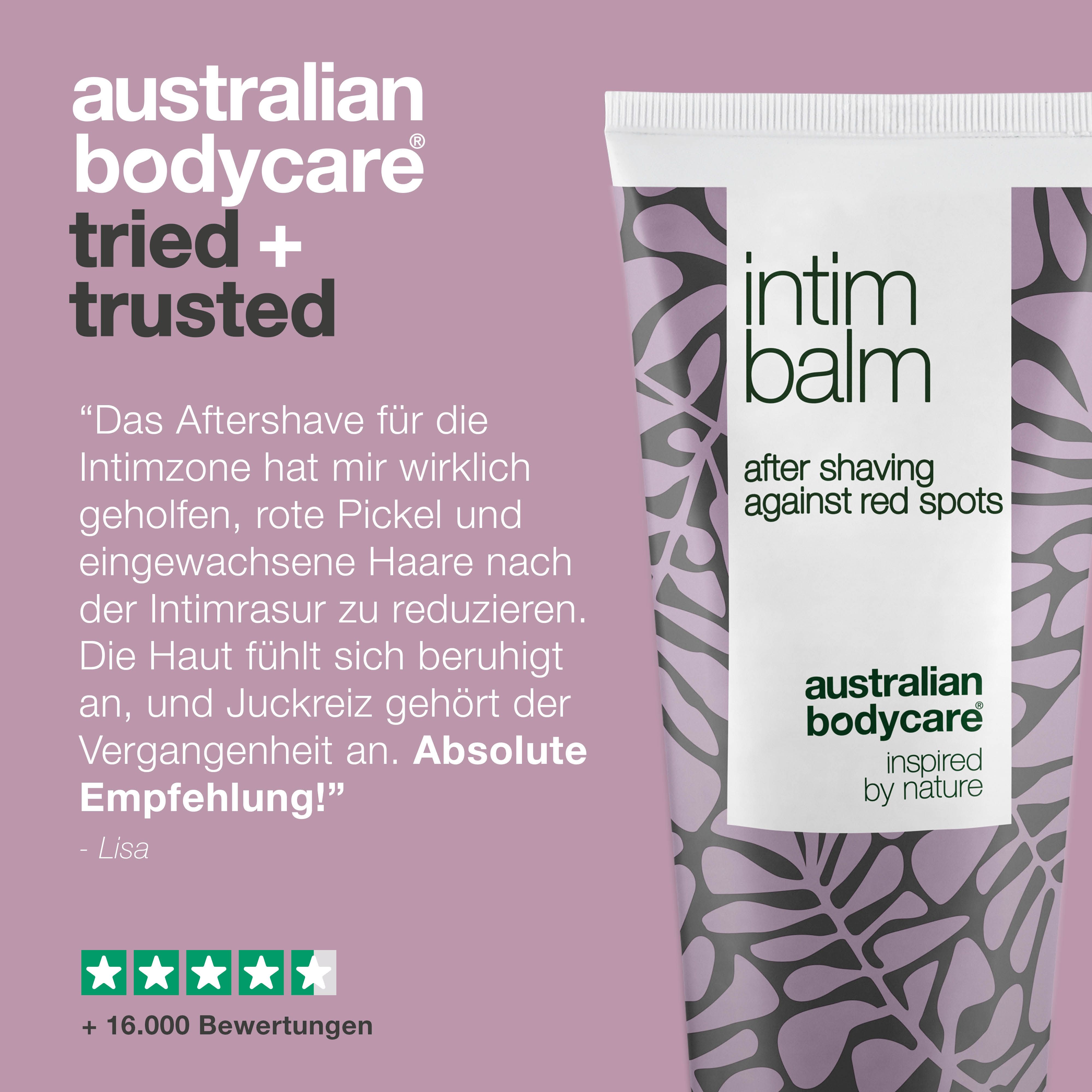 Produktreihe: „intim balm“, „intim wash“ und „intim shave“. Marke: Australian Bodycare.