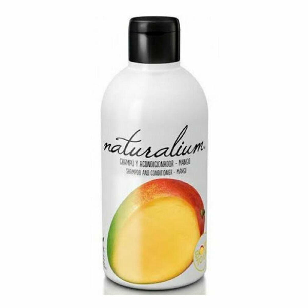 Weiße Flasche mit schwarzem Deckel, Naturalium Shampoo und Conditioner Mango, mit Mangofrucht-Illustration.