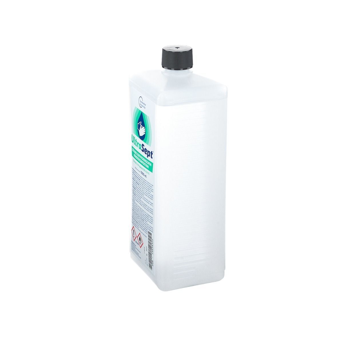 Weißliche Flasche mit schwarzem Deckel. Aufschrift: UltraSept Lösung zur hygienischen Händedesinfektion. Warnhinweise.