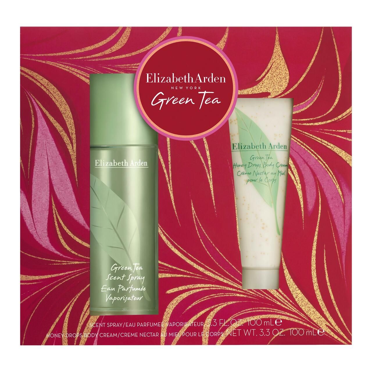 Geschenkset mit Flakon und Creme-Tube. Roter Hintergrund mit goldenen Verzierungen. 'Elizabeth Arden Green Tea'.
