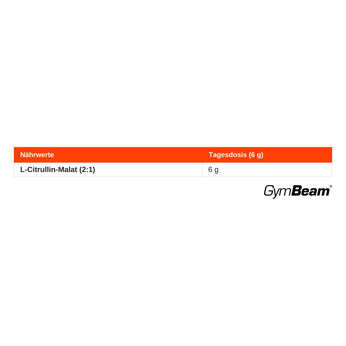 Nährwertangaben für GymBeam L-Citrullin-Malat (2:1) Pulver. Tagesdosis 6g. Weiße Rückseite mit orangefarbenem Streifen.